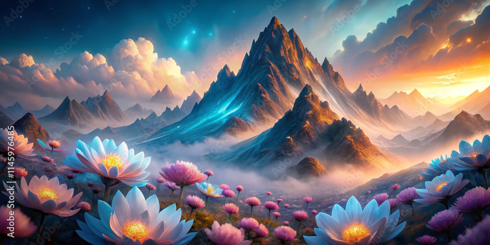 stunning landscape featuring glowing mountain surrounded by vibrant flowers. scene captures beauty of nature at sunrise, with colorful clouds and mist stunning landscape featuring glowing mountain surrounded by vibrant flowers. scene captures beauty of nature at sunrise, with colorful clouds and mist