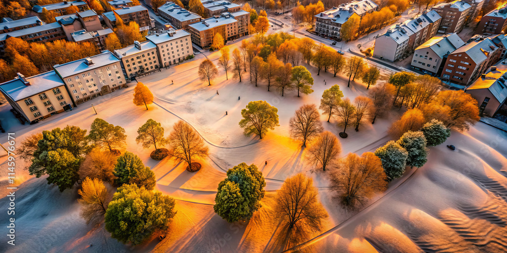 Aerial view of snowy urban landscape at sunrise, showcasing trees and buildings. warm light creates serene atmosphere over winter scene Aerial view of snowy urban landscape at sunrise, showcasing trees and buildings. warm light creates serene atmosphere over winter scene