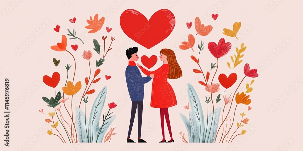 A romantic scene unfolds as a couple embraces, sharing a heart amidst a vibrant field of blooming flowers, symbolizing love and connection. A romantic scene unfolds as a couple embraces, sharing a heart amidst a vibrant field of blooming flowers, symbolizing love and connection.