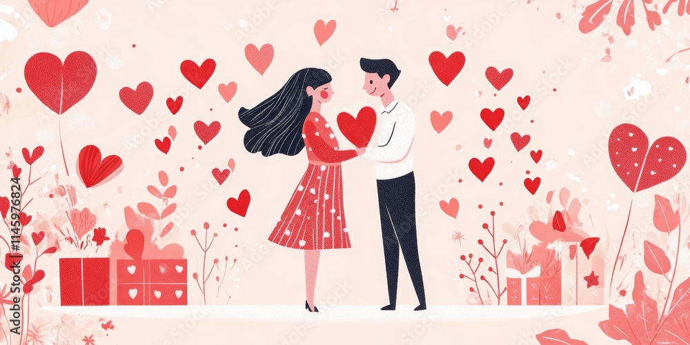 A romantic scene unfolds as a couple holds hands, surrounded by a vibrant field of floating hearts, symbolizing love and connection on Valentine's Day. A romantic scene unfolds as a couple holds hands, surrounded by a vibrant field of floating hearts, symbolizing love and connection on Valentine's Day.