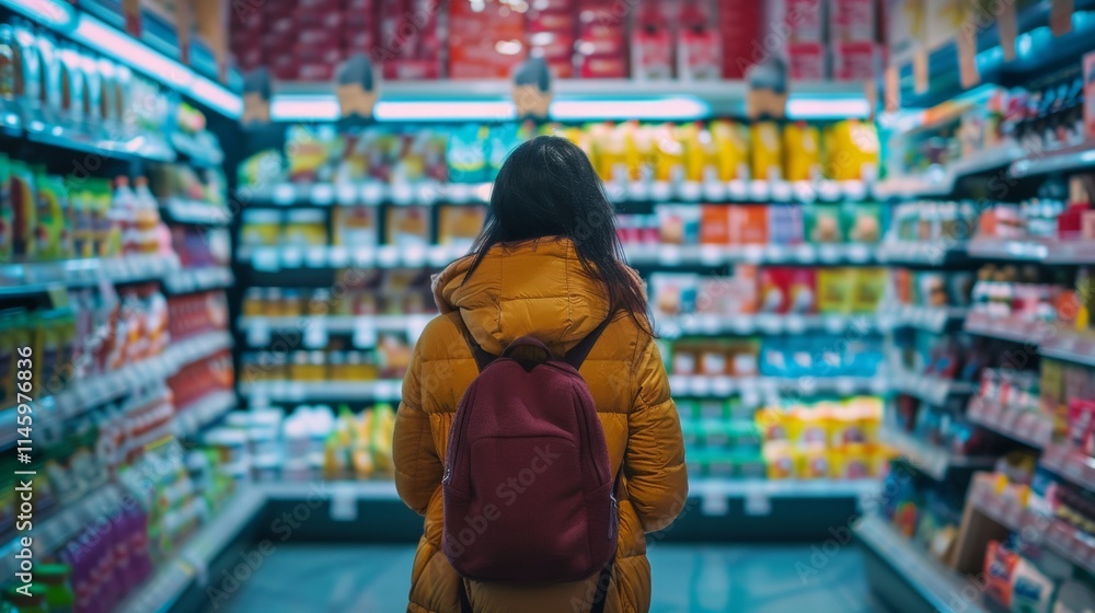 Obraz premium Person shopping in a brightly lit supermarket aisle