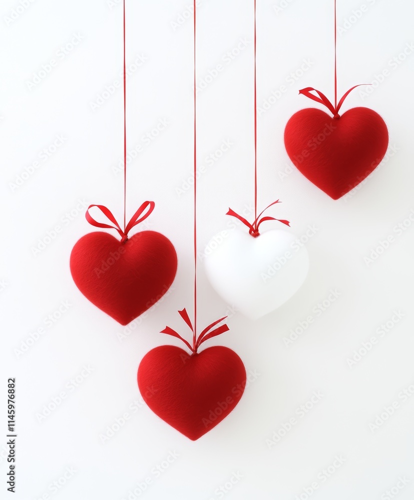 Three charming hearts, one red and two white, dangle gracefully from delicate strings against a pristine white backdrop, embodying love's sweet essence. Three charming hearts, one red and two white, dangle gracefully from delicate strings against a pristine white backdrop, embodying love's sweet essence.