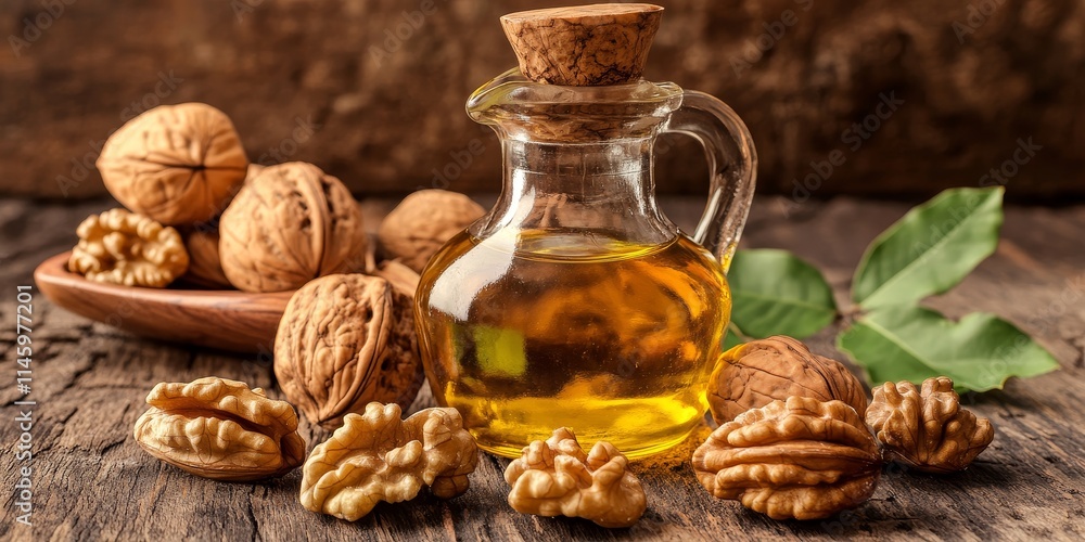 Walnut oil and walnuts displayed on a wooden table create a rustic setting, showcasing the rich texture and natural appeal of walnut oil and walnuts for various culinary uses. Walnut oil and walnuts displayed on a wooden table create a rustic setting, showcasing the rich texture and natural appeal of walnut oil and walnuts for various culinary uses.
