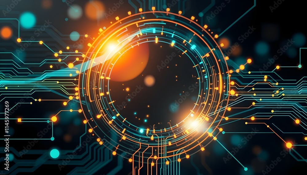 Fototapeta premium Futuristic digital abstract with glowing circuits and bright particles in a technology-inspired design