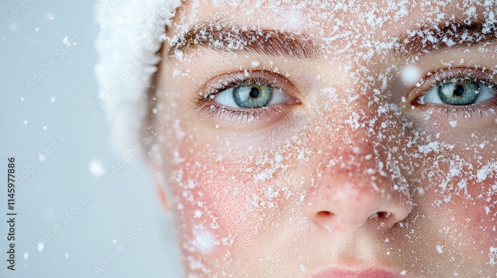 Close-up of woman's face covered in snow. Close-up of woman's face covered in snow.