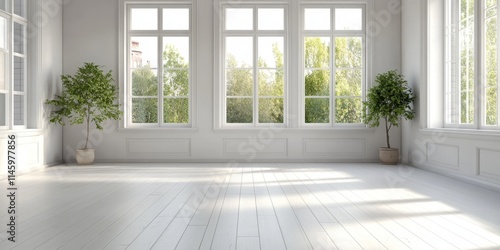 An empty room featuring white wood flooring and large windows creates a clean atmosphere, yet the absence of light gives the empty room a unique character and tranquil ambiance.