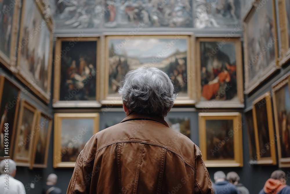 Generative AI Artwork of Person Observing Paintings Canvas in Elegant Art Gallery Museum Exhibition Generative AI Artwork of Person Observing Paintings Canvas in Elegant Art Gallery Museum Exhibition