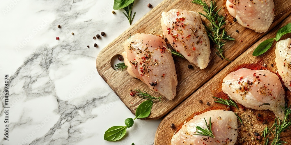 Marble bottom border showcases raw chicken portions artfully arranged on wooden chopping boards, adorned with fresh herbs and spices, and basted with marinade, ideal for cooking. Marble bottom border showcases raw chicken portions artfully arranged on wooden chopping boards, adorned with fresh herbs and spices, and basted with marinade, ideal for cooking.