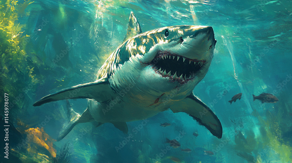 Fototapeta premium powerful great white shark swims through clear turquoise waters, showcasing its strength and