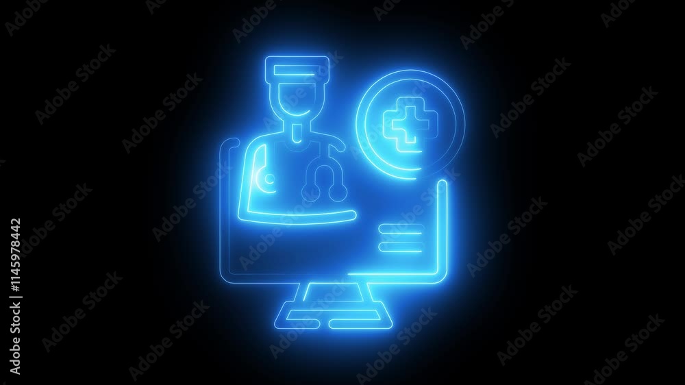 Telemedicine icon animation by cyan color neon on black background. Telemedicine icon animation by cyan color neon on black background.