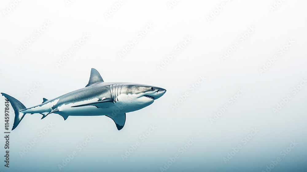 great white shark swimming gracefully in clear blue water great white shark swimming gracefully in clear blue water