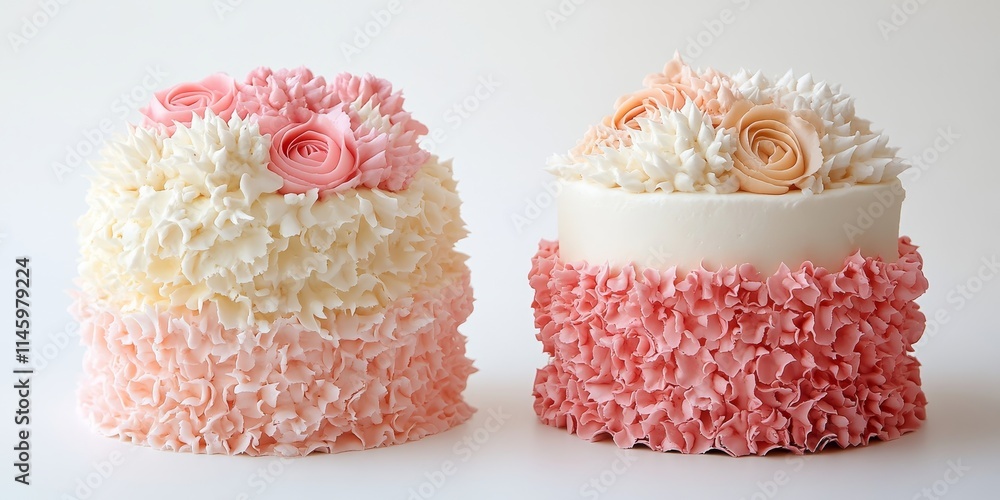 Delightful frilly froufrou cakes displayed against a clean white background, showcasing the intricate designs and embellishments of frilly froufrou cakes. Perfect for dessert lovers and cake Delightful frilly froufrou cakes displayed against a clean white background, showcasing the intricate designs and embellishments of frilly froufrou cakes. Perfect for dessert lovers and cake