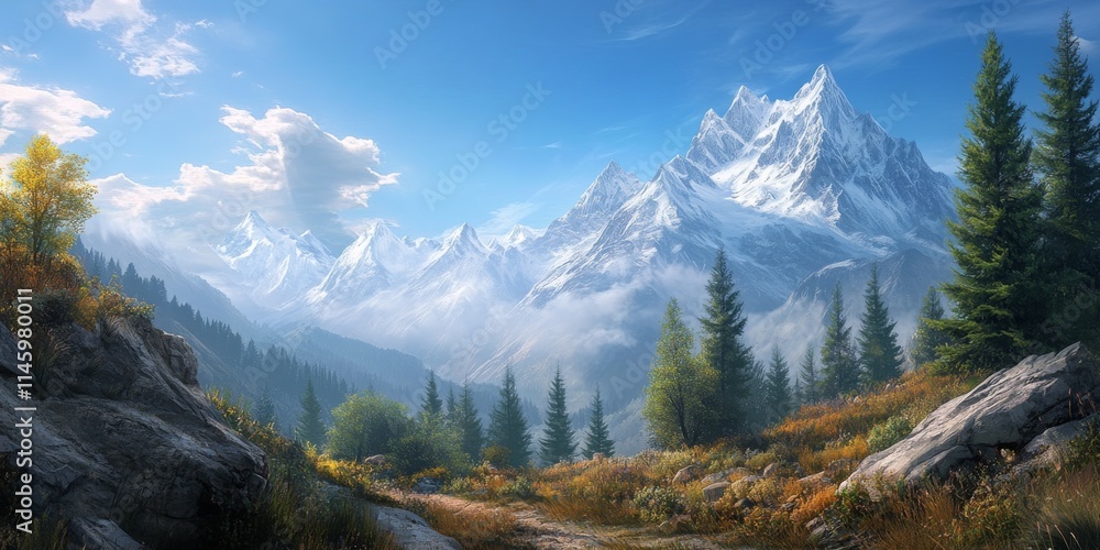 Scenic landscape showcasing distant mountain peaks, where the captivating mountain peaks create a stunning visual contrast with the beautiful foreground. Admire the majesty of mountain peaks in Scenic landscape showcasing distant mountain peaks, where the captivating mountain peaks create a stunning visual contrast with the beautiful foreground. Admire the majesty of mountain peaks in