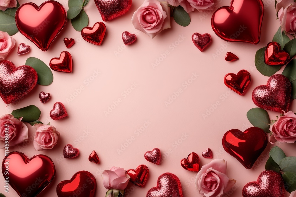 A romantic Valentine's Day scene bursting with vibrant red and pink roses, adorned with delicate hearts, evoking love and passion in every petal. A romantic Valentine's Day scene bursting with vibrant red and pink roses, adorned with delicate hearts, evoking love and passion in every petal.