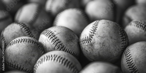 Close up of baseballs showcasing depth of field, with additional baseballs blurred in the background. This black and white baseball concept emphasizes the beauty of baseballs.