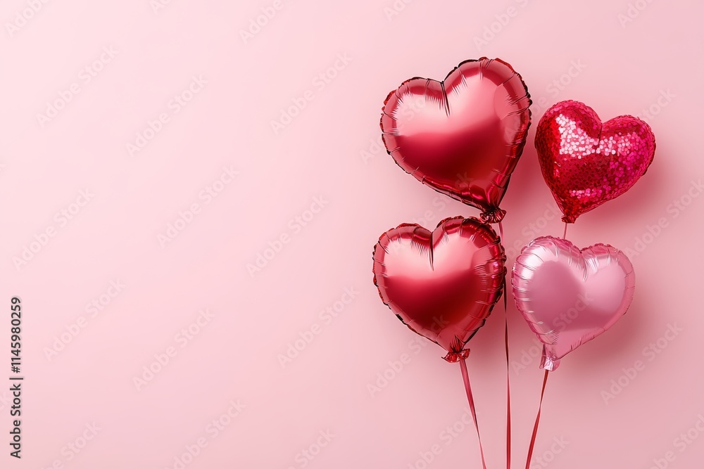 Three vibrant heart-shaped balloons gently float against a soft pink backdrop, embodying the spirit of love and celebration on Valentine's Day. Three vibrant heart-shaped balloons gently float against a soft pink backdrop, embodying the spirit of love and celebration on Valentine's Day.