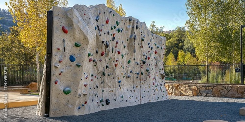 Fototapeta Naklejka Na Ścianę i Meble -  Rock climbing wall surface in an outdoor park setting, showcasing the textured and challenging features of the rock climbing wall, perfect for adventurous climbing enthusiasts.