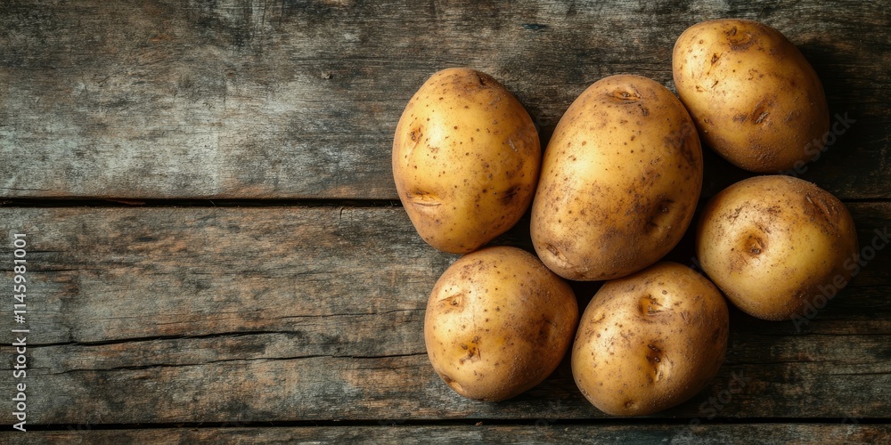Potatoes arranged on a wooden background create a vintage food still life, showcasing the natural beauty and textures of potatoes in an appealing culinary presentation. Potatoes arranged on a wooden background create a vintage food still life, showcasing the natural beauty and textures of potatoes in an appealing culinary presentation.