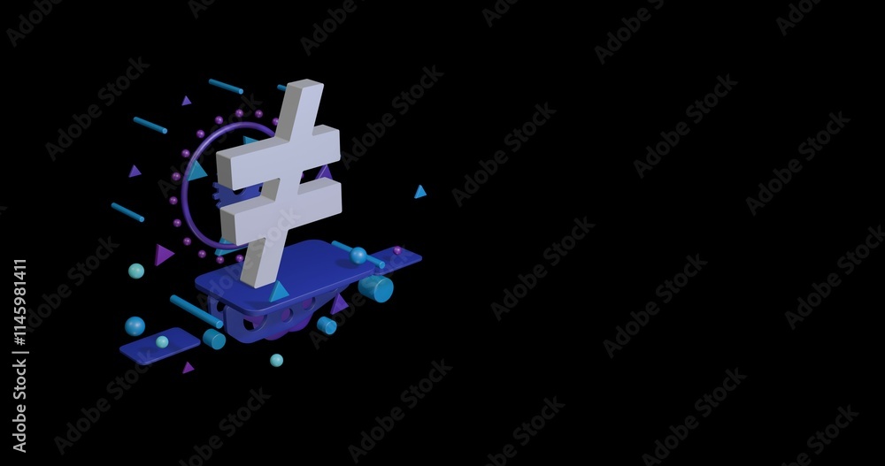 Obraz premium White not equal symbol on a pedestal of abstract geometric shapes floating in the air. Abstract concept art with flying shapes on the left. 3d illustration on black background