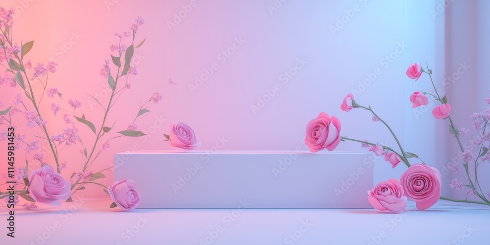 A delicate arrangement of pink roses beside a pristine white box, evoking romance and tenderness, perfect for celebrating love on Valentine's Day.