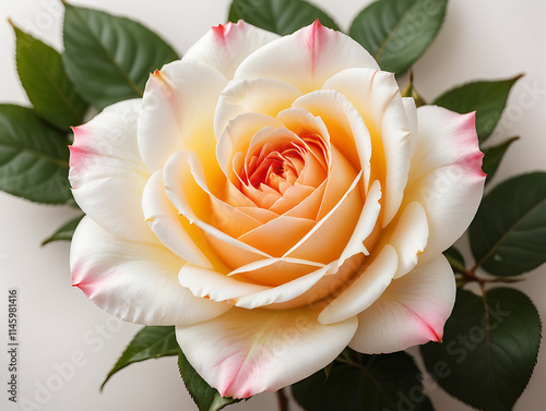 Close up of pastel pink tea beautiful rose on whte delicate background in flat lay style. photo