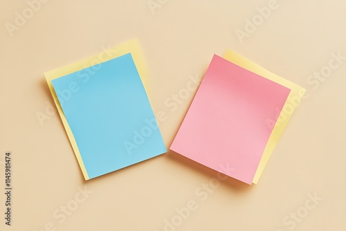 Blue and pink sticky notes on beige background.
