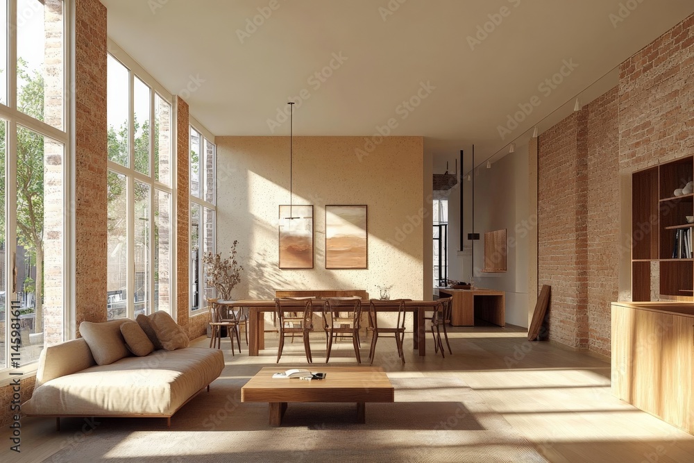 Fototapeta premium A cozy living room featuring wooden furniture, soft lighting, natural light, and decor that includes nature-inspired art, creating a warm and inviting space.