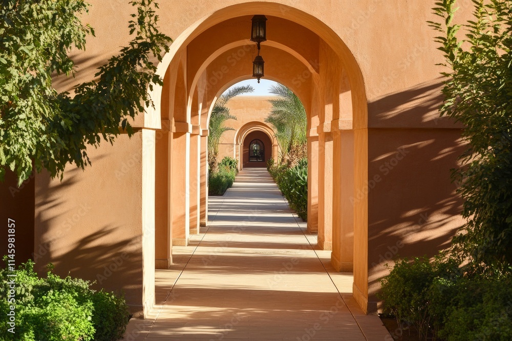 Fototapeta premium The image captures sunlit arches leading to a terrace, surrounded by lush greenery, casting dynamic shadows, inviting exploration and tranquility.
