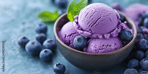 Indulge in the delightful taste of blueberry flavored ice cream, a refreshing treat perfect for warm days. Enjoy the rich, creamy texture of blueberry flavored ice cream in every scoop. photo