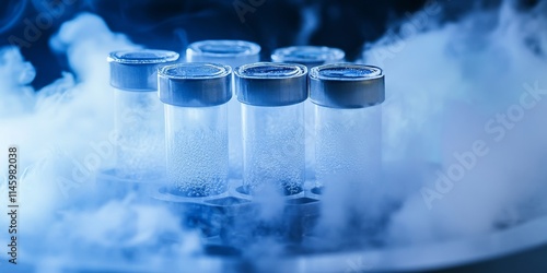 Cryopreservation of specimens in test tubes utilizing liquid nitrogen, with a focus on a liquid nitrogen bank that stores vital cryosamples of sperm and eggs for future use in storage.