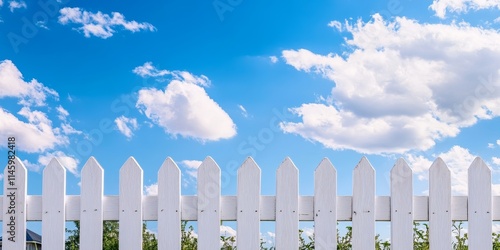 A white fence made of pickets stands out prominently against a bright blue sky backdrop, creating a picturesque scene that emphasizes the charm of the setting. photo