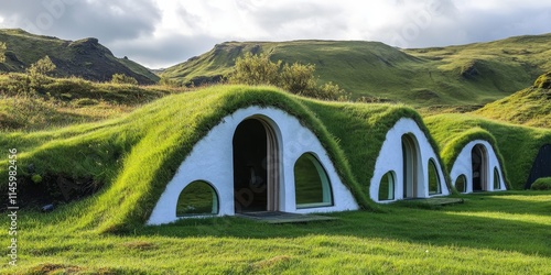 Unique tiny geometric igloo homes featuring grass roofs are nestled on the hills, representing some of the most original eco friendly houses, making them a popular tourist attraction.