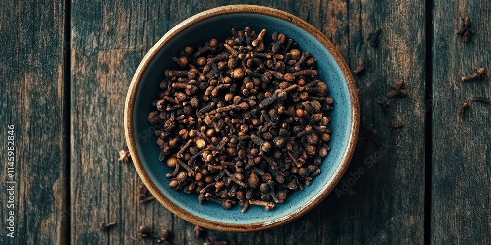 Cloves displayed in a bowl on a rustic wooden table. This top view captures the essence of cloves, showcasing their unique texture and rich color amidst a natural setting. Cloves displayed in a bowl on a rustic wooden table. This top view captures the essence of cloves, showcasing their unique texture and rich color amidst a natural setting.
