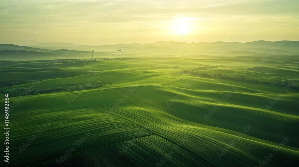 A drone view of a green farming landscape with wind turbines in the distance A drone view of a green farming landscape with wind turbines in the distance