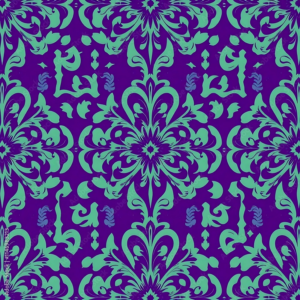 Seafoam Dreams Damask Pattern: Elegant teal and purple damask seamless pattern, perfect for textile design, wallpapers, and surface design projects. Seafoam Dreams Damask Pattern: Elegant teal and purple damask seamless pattern, perfect for textile design, wallpapers, and surface design projects.