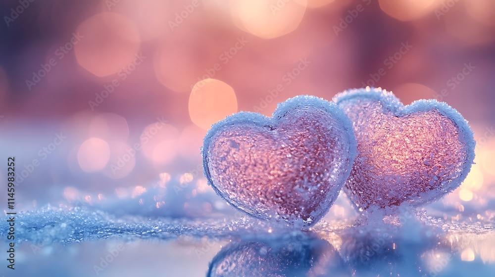 Fototapeta premium Close-up of frosted heart-shaped ornaments resting on a glass table, surrounded by frost textures, softly blurred icy pink tones in the background, delicate reflections, cool and dreamy lighting,