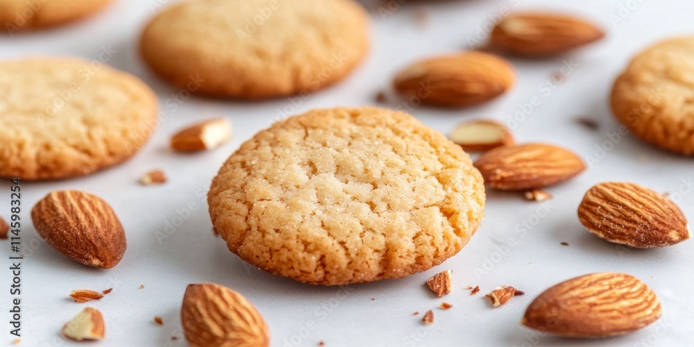 Almond cookies arranged beautifully on a white background, showcasing the delightful texture and crumbs. These almond cookies make for a perfect treat, highlighting their delicious appeal. Almond cookies arranged beautifully on a white background, showcasing the delightful texture and crumbs. These almond cookies make for a perfect treat, highlighting their delicious appeal.
