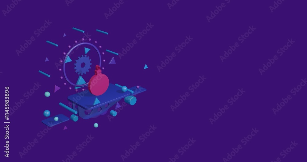 Pink Christmas tree toy on a pedestal of abstract geometric shapes floating in the air. Abstract concept art with flying shapes on the left. 3d illustration on deep purple background Pink Christmas tree toy on a pedestal of abstract geometric shapes floating in the air. Abstract concept art with flying shapes on the left. 3d illustration on deep purple background