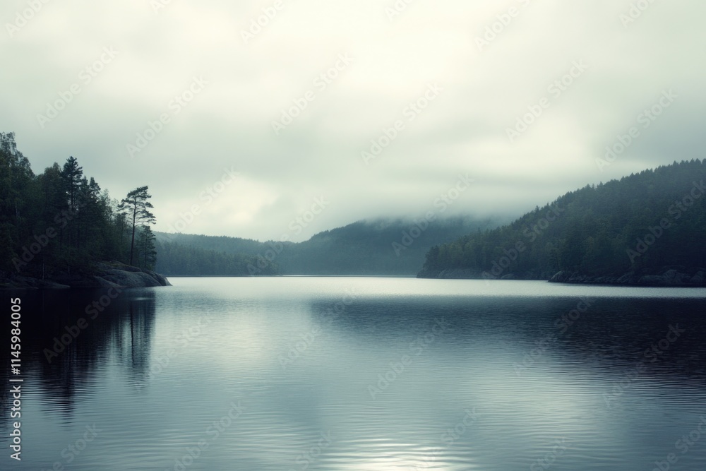 Obraz premium A serene lake scene with trees surrounding the water's edge on a cloudy day