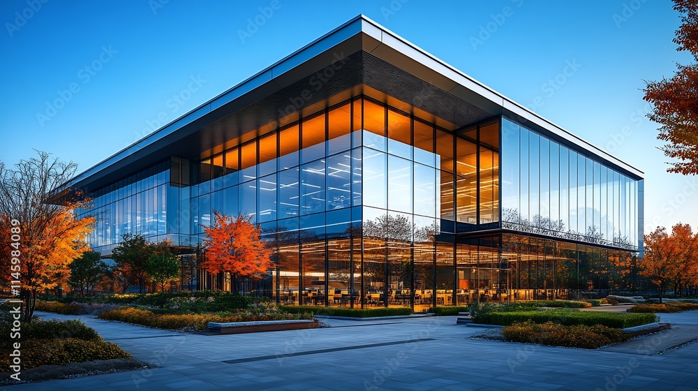 Modern office building design glass facade steel structure minimalistic landscape architecture surrounding sunny day with a clear blue sky Modern office building design glass facade steel structure minimalistic landscape architecture surrounding sunny day with a clear blue sky