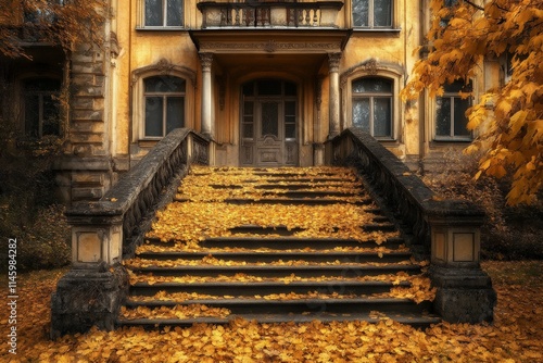 A classic facade is framed by a grand stairway adorned with autumn leaves, creating a stately and nostalgic charm in a timeless autumn scene at golden hour. photo