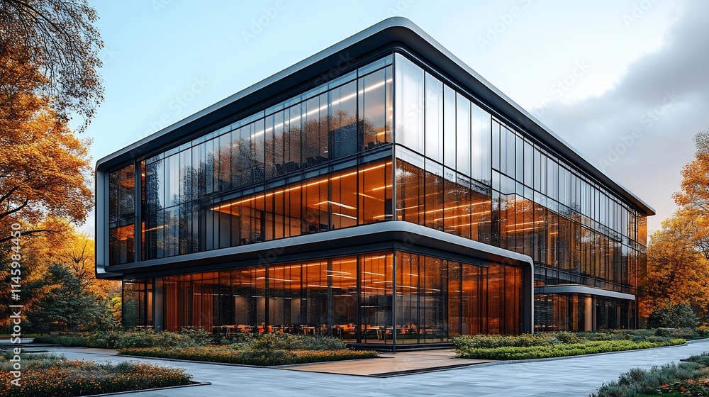 Modern office building glass facade and steel structure surrounded by minimal landscaping under a sunny blue sky Modern office building glass facade and steel structure surrounded by minimal landscaping under a sunny blue sky