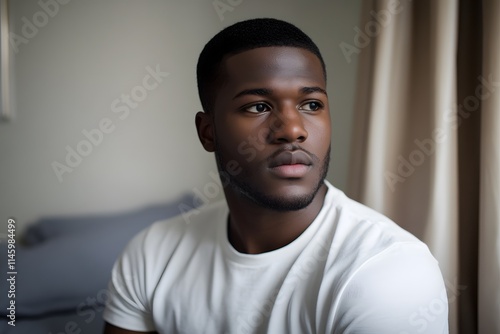 Pensive Young Black Man in White T Shirt  Indoor Portrait photo