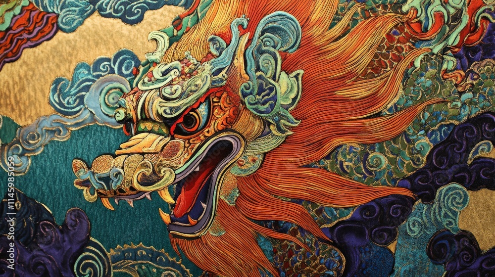custom made wallpaper toronto digitalVibrant Dragon Textile Art Featuring Intricate Embroidery and Dynamic Colors Capturing the Essence of Traditional Asian Design and Craftsmanship