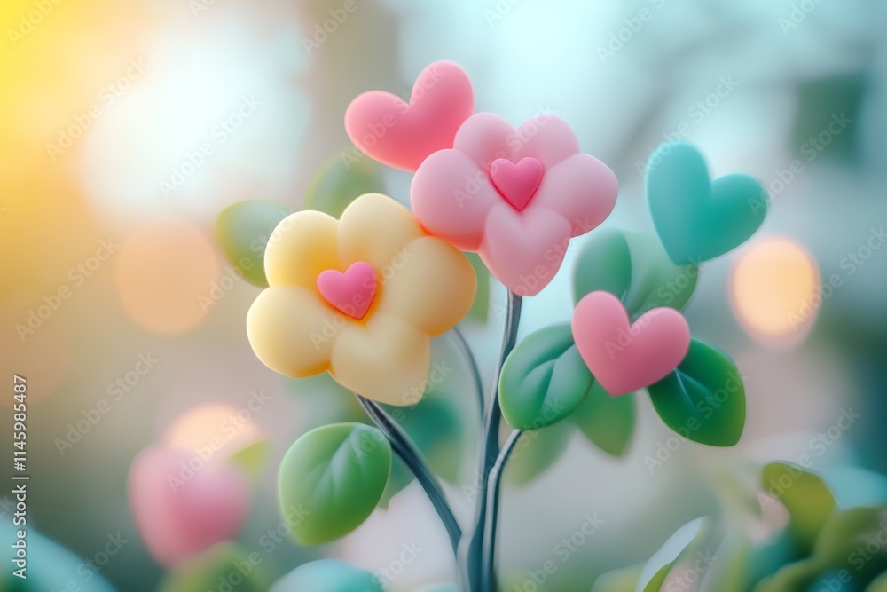 A vibrant garden blooms with delicate flowers, each adorned with tiny hearts, creating a whimsical celebration of love and romance for Valentine's Day. A vibrant garden blooms with delicate flowers, each adorned with tiny hearts, creating a whimsical celebration of love and romance for Valentine's Day.
