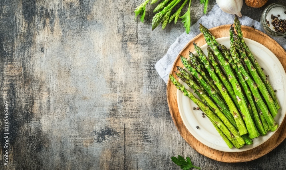 Roasted asparagus on a plate on rustic background Roasted asparagus on a plate on rustic background