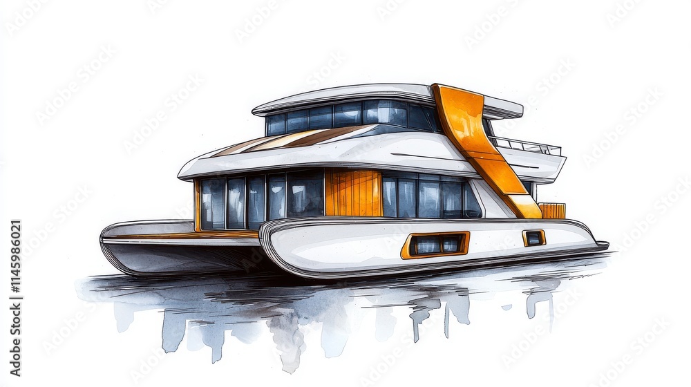 Watercolor illustration of a sleek, modern yacht featuring bold orange accents and reflective water, showcasing luxury and style. Watercolor illustration of a sleek, modern yacht featuring bold orange accents and reflective water, showcasing luxury and style.