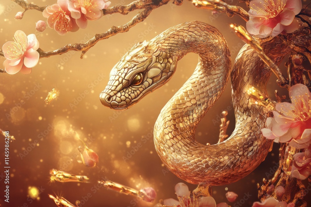 Obraz premium Golden snake coiled around blossoming branches, surrounded by golden bokeh lights and falling petals.