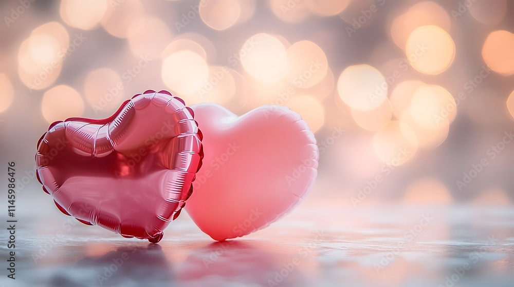 Fototapeta premium Elegant heart-shaped balloons in pink and red hues resting on a table, softly blurred glowing heart bokeh in the pastel pink and white background, warm natural lighting, romantic and dreamy ambiance,