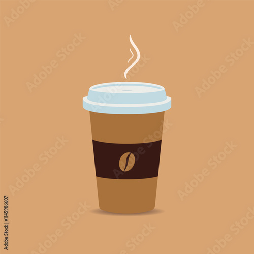 A minimalist illustration of a hot coffee cup with a lid and a coffee bean logo on a brown sleeve. The cup emits steam, set against a simple background, perfect for coffee-related designs.